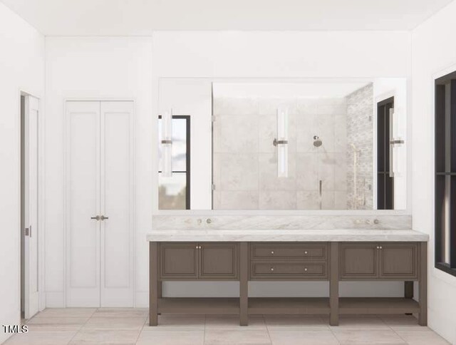 1808 Stream Manor Ct, Wake Forest, NC 27587 - bathroom featuring double vanity, walk in shower, and tile patterned floors