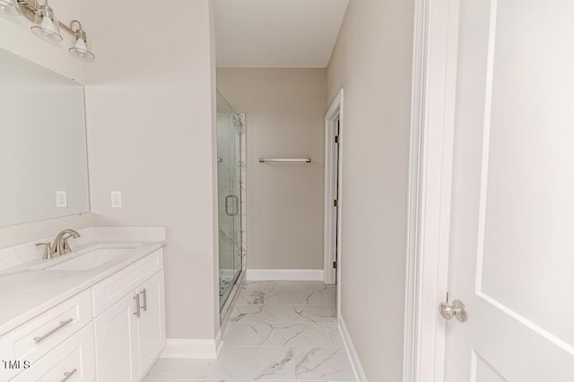 117 Knight Rd, Broadway, NC 27505 - full bathroom featuring marble finish flooring, vanity, a stall shower, and baseboards