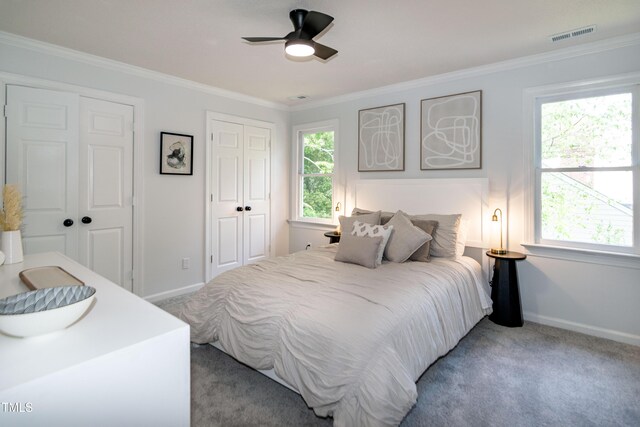 3317 E Jameson Rd, Raleigh, NC 27604 - carpeted bedroom featuring crown molding, multiple closets, and a ceiling fan
