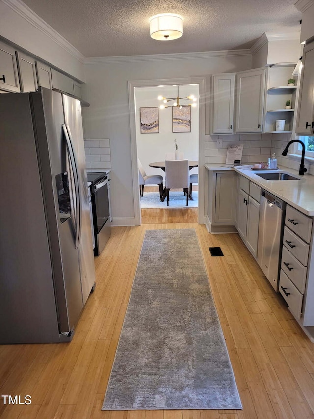 3317 E Jameson Rd, Raleigh, NC 27604 - kitchen with appliances with stainless steel finishes, light wood-style floors, backsplash, open shelves, and crown molding