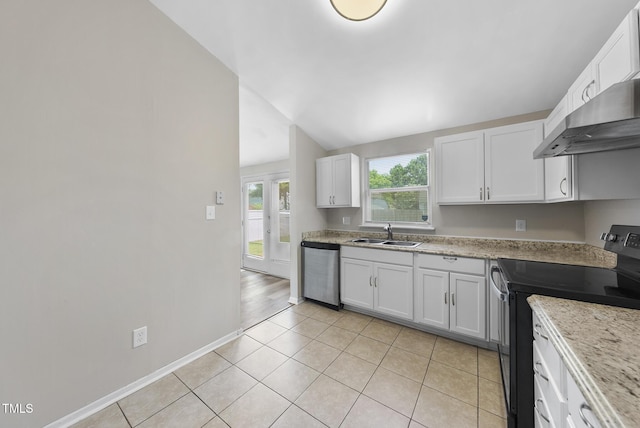 5529 Wood Pond Ct, Raleigh, NC 27610 - kitchen with black / electric stove, stainless steel dishwasher, a sink, vaulted ceiling, and white cabinets