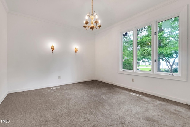 1164 Keith Hills Rd, Lillington, NC 27546 - spare room featuring crown molding, plenty of natural light, a chandelier, carpet, and baseboards