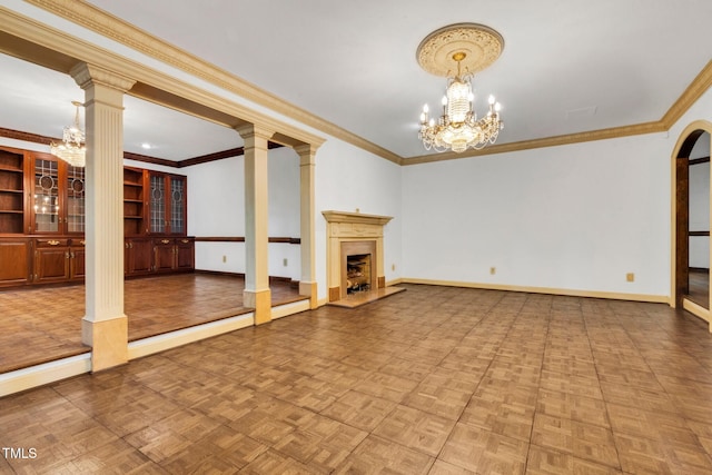 1164 Keith Hills Rd, Lillington, NC 27546 - unfurnished living room featuring a chandelier, crown molding, baseboards, and a fireplace with raised hearth