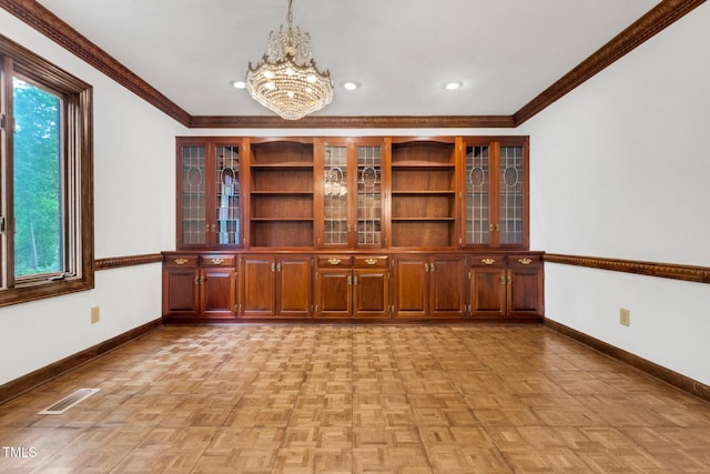 1164 Keith Hills Rd, Lillington, NC 27546 - unfurnished dining area with baseboards, a chandelier, crown molding, and recessed lighting