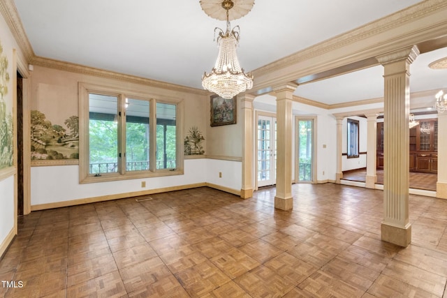 1164 Keith Hills Rd, Lillington, NC 27546 - empty room with decorative columns, a chandelier, baseboards, and ornamental molding