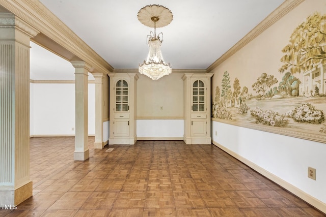 1164 Keith Hills Rd, Lillington, NC 27546 - unfurnished dining area with a chandelier, baseboards, and ornamental molding