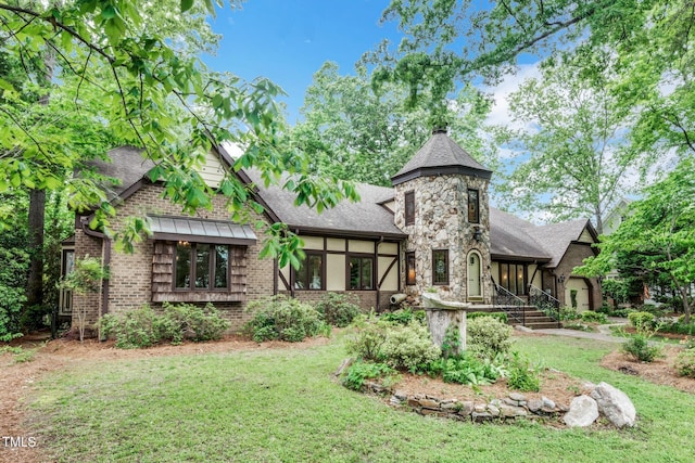 1164 Keith Hills Rd, Lillington, NC 27546 - back of property featuring a yard, brick siding, a shingled roof, and stone siding