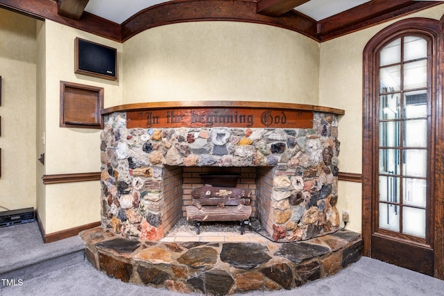 1164 Keith Hills Rd, Lillington, NC 27546 - detailed view of carpet floors, baseboards, and a stone fireplace