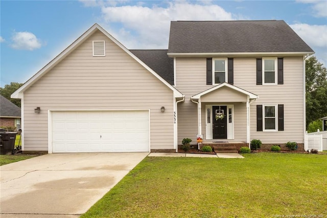 3538 Gables Dr, Fayetteville, NC 28311 - view of front facade featuring driveway, a front yard, an attached garage, and a shingled roof