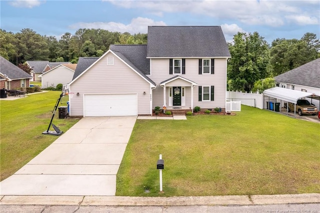 3538 Gables Dr, Fayetteville, NC 28311 - view of front of house featuring an attached garage, driveway, central air condition unit, and a shingled roof