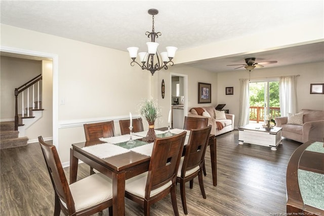 3538 Gables Dr, Fayetteville, NC 28311 - dining space featuring dark wood-type flooring, stairs, a chandelier, a ceiling fan, and baseboards