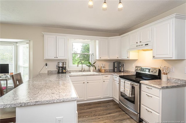 3538 Gables Dr, Fayetteville, NC 28311 - kitchen featuring stainless steel electric range, a sink, under cabinet range hood, a peninsula, and white cabinets