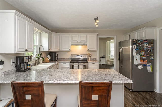 3538 Gables Dr, Fayetteville, NC 28311 - kitchen featuring appliances with stainless steel finishes, under cabinet range hood, a peninsula, a sink, and dark wood-type flooring
