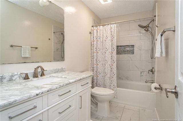3538 Gables Dr, Fayetteville, NC 28311 - bathroom with marble finish floors, vanity, toilet, shower / bath combination with curtain, and a textured ceiling