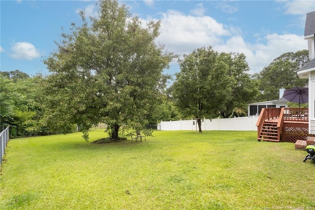 3538 Gables Dr, Fayetteville, NC 28311 - view of yard featuring a deck, stairs, and view of wooded area