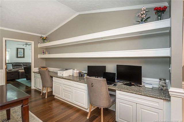5621 Monks Walk Ct, Fayetteville, NC 28311 - office featuring built in study area, dark wood-style flooring, vaulted ceiling, ornamental molding, and a ceiling fan