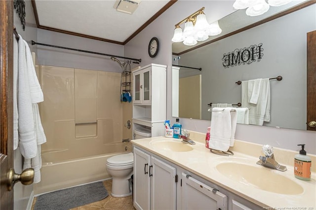 5621 Monks Walk Ct, Fayetteville, NC 28311 - bathroom with crown molding, toilet, double vanity, shower / bath combination, and tile patterned floors