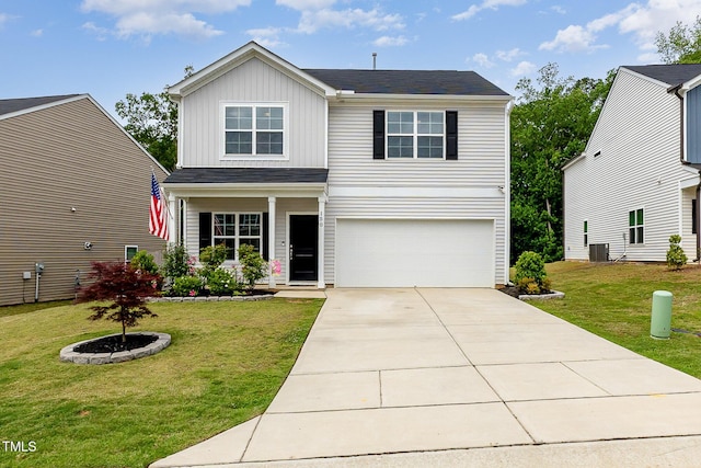150 Sherrill Place Ln, Garner, NC 27529 - traditional-style home featuring an attached garage, board and batten siding, a front lawn, driveway, and a porch