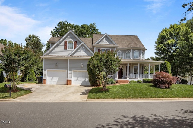 100 Maywood Way, Chapel Hill, NC 27516 - view of front of property featuring concrete driveway, a front lawn, covered porch, a garage, and brick siding