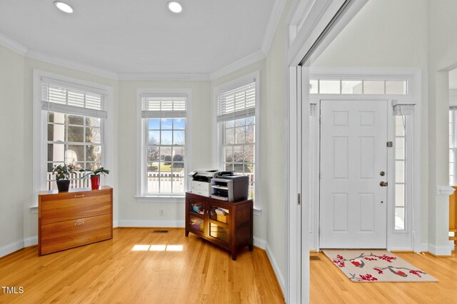 100 Maywood Way, Chapel Hill, NC 27516 - foyer entrance with ornamental molding, light wood-style floors, baseboards, and recessed lighting