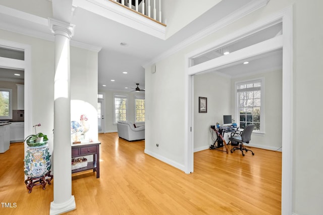 100 Maywood Way, Chapel Hill, NC 27516 - hall with decorative columns, crown molding, a desk, healthy amount of natural light, and recessed lighting