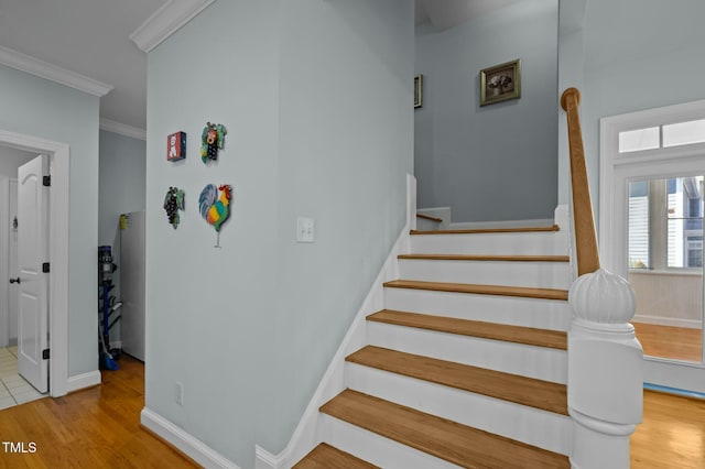 100 Maywood Way, Chapel Hill, NC 27516 - stairway with wood finished floors, ornamental molding, and baseboards