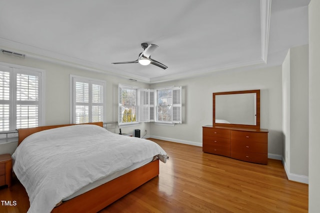 100 Maywood Way, Chapel Hill, NC 27516 - bedroom with light wood-type flooring, baseboards, crown molding, and a ceiling fan