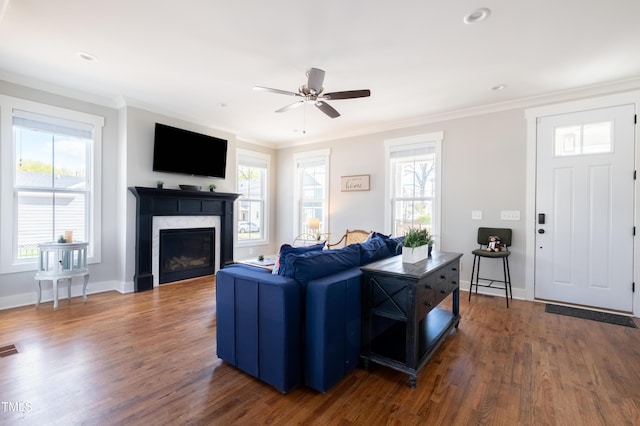 595 E Cabarrus St, Raleigh, NC 27601 - living area with a ceiling fan, crown molding, wood finished floors, healthy amount of natural light, and recessed lighting