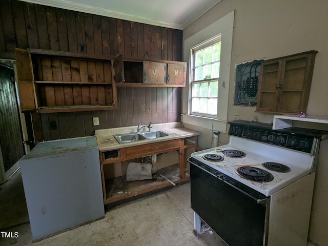 207 Bruton St W, Wilson, NC 27893 - kitchen with white electric range, open shelves, a sink, wooden walls, and crown molding