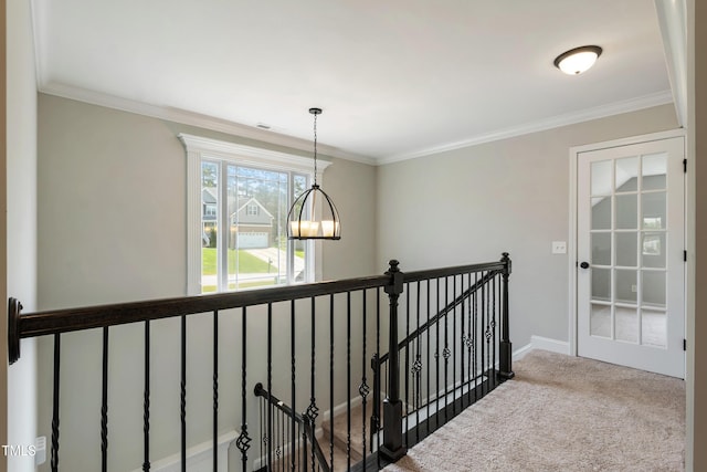 550 Spring Flowers Dr, Cameron, NC 28326 - hall with an upstairs landing, carpet, ornamental molding, a chandelier, and baseboards