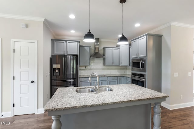 550 Spring Flowers Dr, Cameron, NC 28326 - kitchen with a sink, appliances with stainless steel finishes, wall chimney range hood, gray cabinets, and ornamental molding