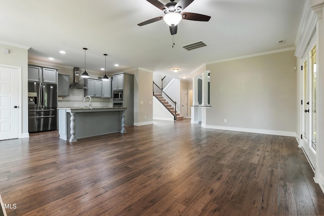 550 Spring Flowers Dr, Cameron, NC 28326 - unfurnished living room with a ceiling fan, ornamental molding, dark wood-type flooring, baseboards, and recessed lighting
