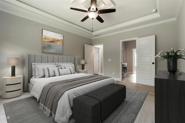550 Spring Flowers Dr, Cameron, NC 28326 - carpeted bedroom featuring a raised ceiling, crown molding, baseboards, and a ceiling fan