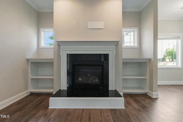 550 Spring Flowers Dr, Cameron, NC 28326 - detailed view of wood finished floors, baseboards, ornamental molding, and a glass covered fireplace