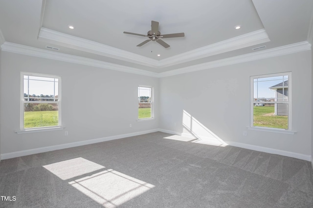 61 Merrifield Ln, Garner, NC 27529 - spare room featuring a raised ceiling, carpet, crown molding, a ceiling fan, and baseboards