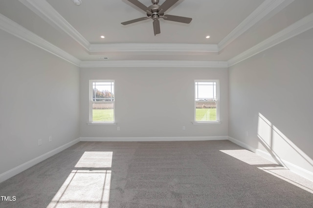 61 Merrifield Ln, Garner, NC 27529 - carpeted spare room featuring a tray ceiling, healthy amount of natural light, ornamental molding, a ceiling fan, and baseboards