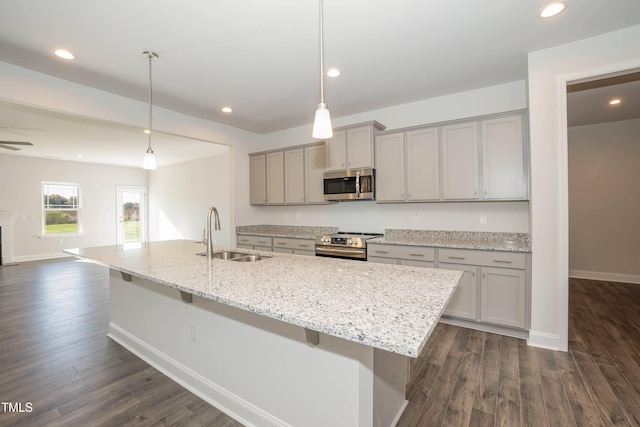 61 Merrifield Ln, Garner, NC 27529 - kitchen with appliances with stainless steel finishes, a sink, gray cabinetry, recessed lighting, and dark wood-style flooring
