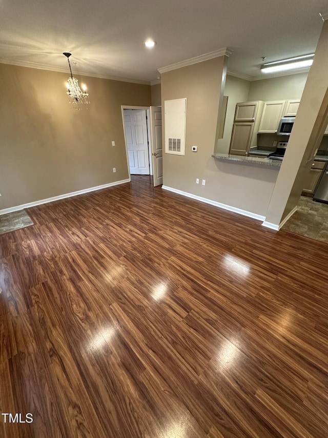 710 N Person St Unit 103, Raleigh, NC 27604 - unfurnished living room featuring dark wood finished floors, a chandelier, crown molding, baseboards, and recessed lighting