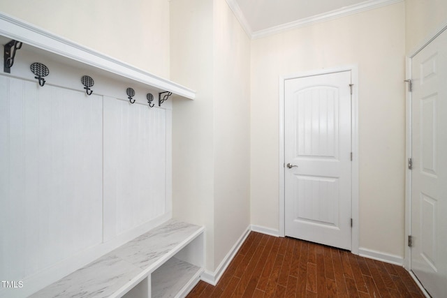 826 Downfield Ln, Fuquay Varina, NC 27526 - mudroom featuring dark wood-style flooring, ornamental molding, and baseboards