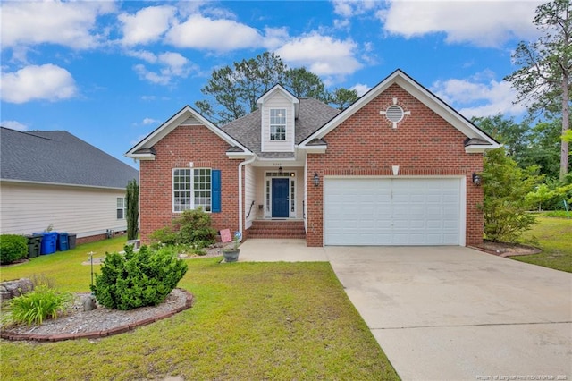 3207 Notting Hill Rd, Fayetteville, NC 28311 - traditional-style home featuring brick siding, concrete driveway, a front yard, an attached garage, and a shingled roof