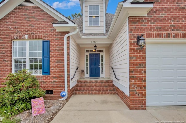 3207 Notting Hill Rd, Fayetteville, NC 28311 - entrance to property with a garage, brick siding, crawl space, and roof with shingles