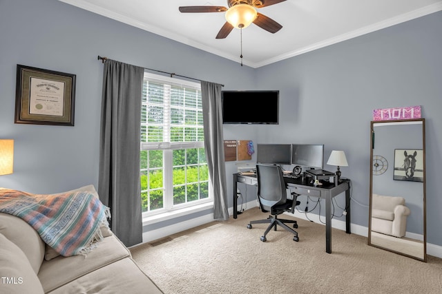 1428 White Opal Dr, Knightdale, NC 27545 - carpeted office space with baseboards, crown molding, healthy amount of natural light, and a ceiling fan