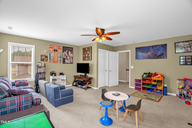 1428 White Opal Dr, Knightdale, NC 27545 - game room with carpet flooring, a ceiling fan, and baseboards