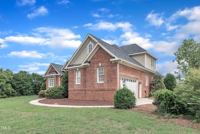 7800 Twin Pines Way, Fuquay Varina, NC 27526 - view of side of home with brick siding, a yard, driveway, a garage, and a shingled roof