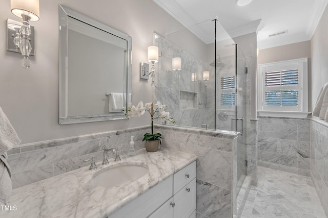 7800 Twin Pines Way, Fuquay Varina, NC 27526 - full bath featuring ornamental molding, vanity, a shower stall, and marble finish floors
