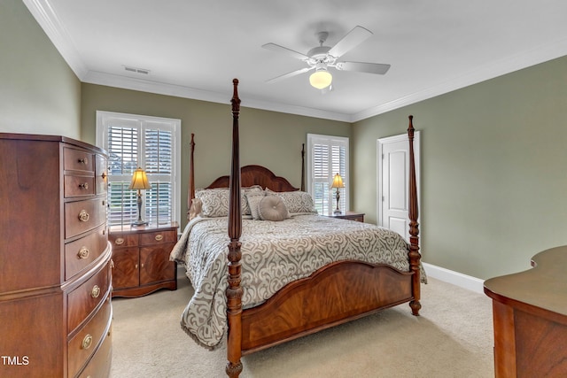 7800 Twin Pines Way, Fuquay Varina, NC 27526 - bedroom with light colored carpet, multiple windows, crown molding, a ceiling fan, and baseboards
