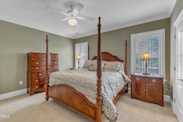 7800 Twin Pines Way, Fuquay Varina, NC 27526 - bedroom with light colored carpet, crown molding, baseboards, and ceiling fan