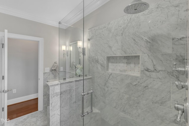 7800 Twin Pines Way, Fuquay Varina, NC 27526 - full bath featuring crown molding, a shower stall, wood finished floors, and baseboards