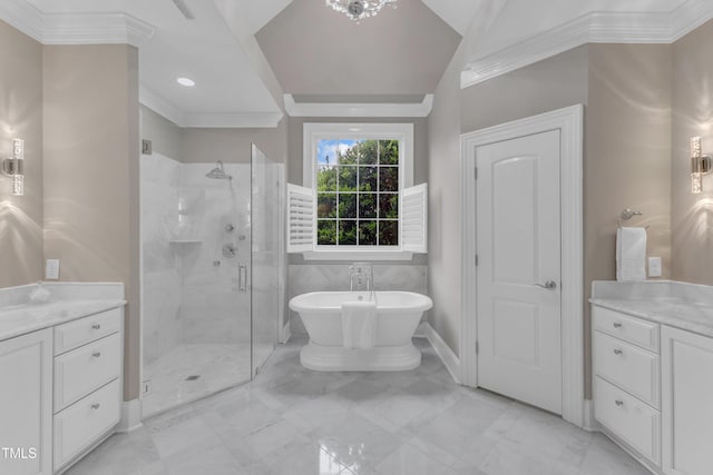 7800 Twin Pines Way, Fuquay Varina, NC 27526 - bathroom with a stall shower, marble finish flooring, vanity, a soaking tub, and crown molding