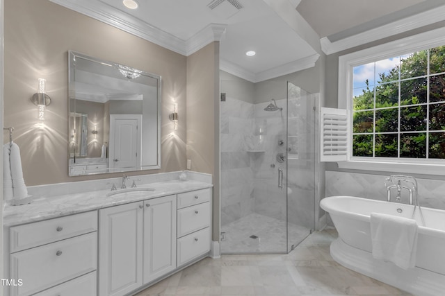 7800 Twin Pines Way, Fuquay Varina, NC 27526 - bathroom with a shower stall, marble finish floors, a freestanding tub, vanity, and crown molding